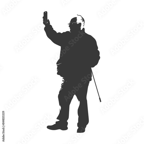 Silhouetted senior man taking a selfie with walking stick, vector.