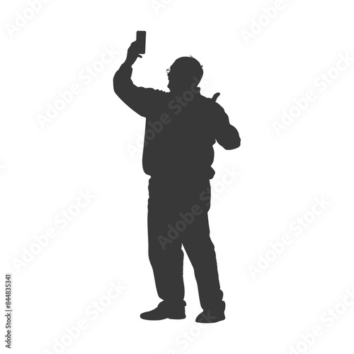 Silhouette of Man with Glasses Taking a Selfie, Giving Thumbs Up.