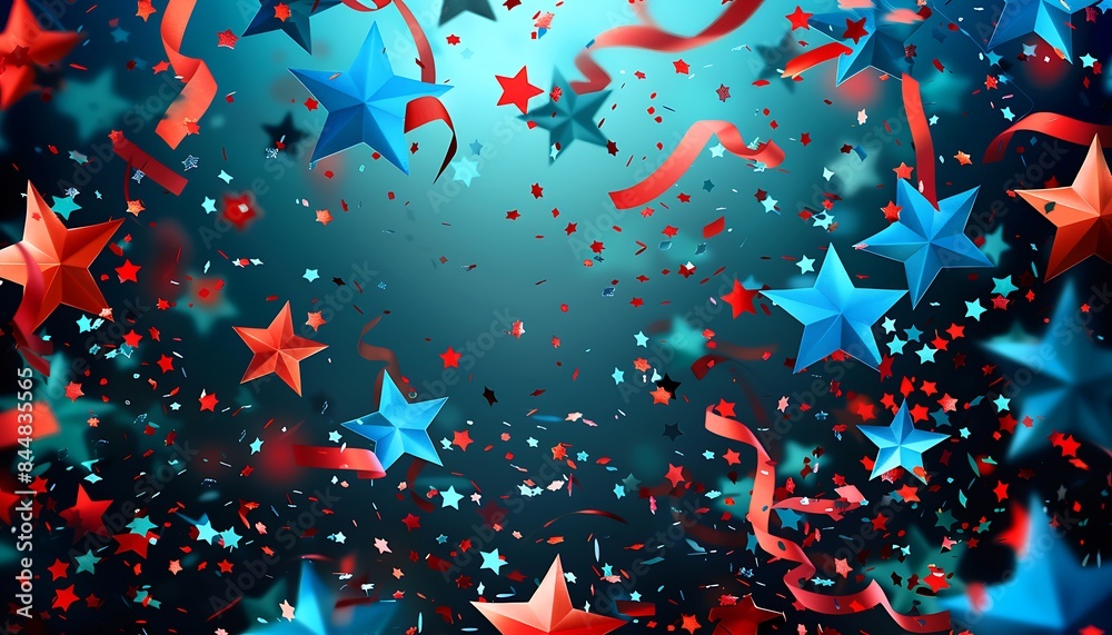 Illustration of American holiday with vibrant blue and red stars confetti, sparkling celebration,