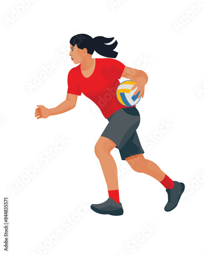 Figure of a professional Asian women's volleyball girl player in profile in a red T-shirt running with a ball in one hand