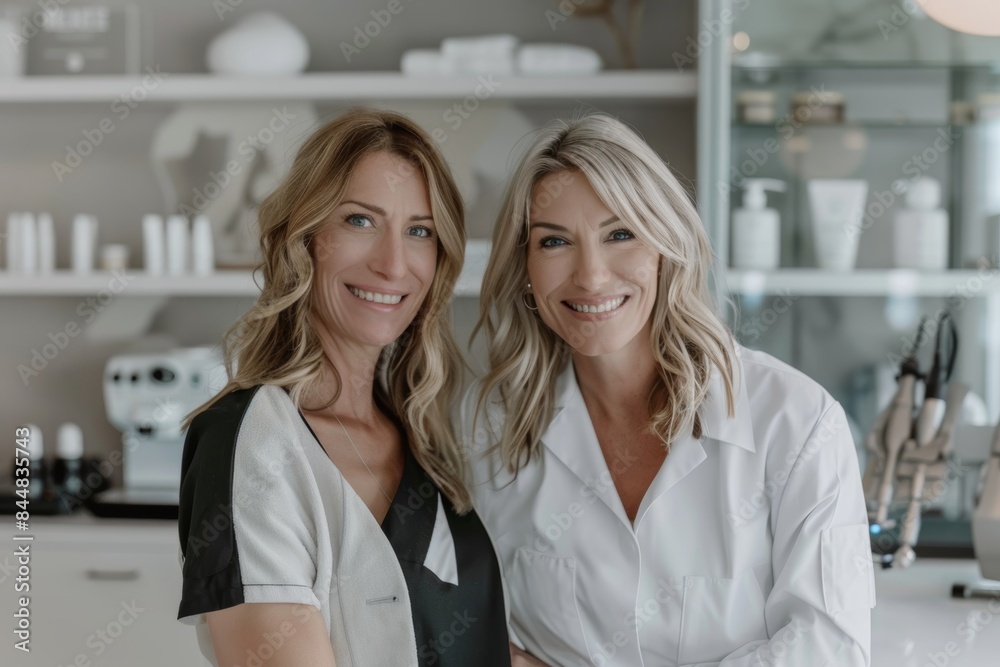 Cosmetologist and Client Smiling in Modern Clinic Setting After Successful Mesotherapy Treatment Cosmetologist and Client Smiling in Modern Clinic Setting After Successful Mesotherapy Treatment