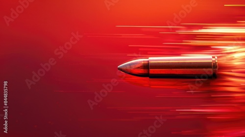 Bullet in motion on red background close up photo with empty area