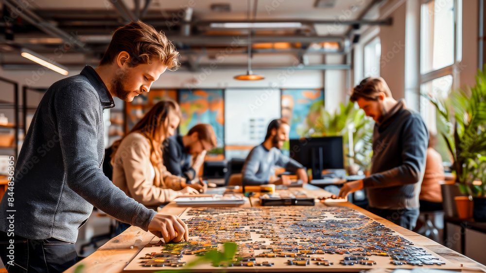 Group of young professionals collaborating on a puzzle in a modern, bright office space. Teamwork and creativity in a contemporary workspace. Group of young professionals collaborating on a puzzle in a modern, bright office space. Teamwork and creativity in a contemporary workspace.