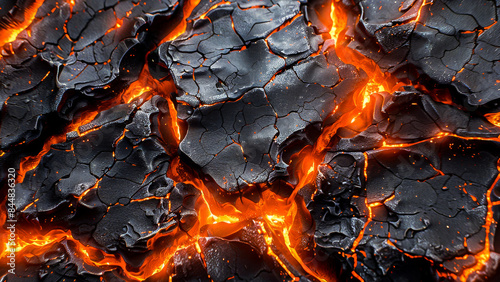 A close-up view of red-hot, glowing lava with cracks forming a rugged, intense, and fiery scene. Perfect for geological and volcanic activity concepts. photo