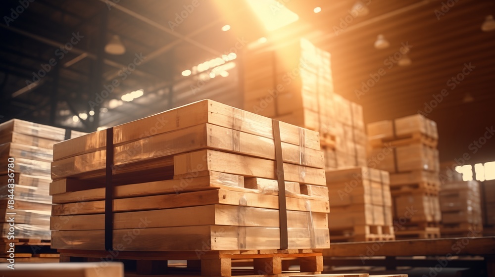 Pallets of goods, foreground focus, warehouse blur, noon light, technology style, close up. Pallets of goods, foreground focus, warehouse blur, noon light, technology style, close up.