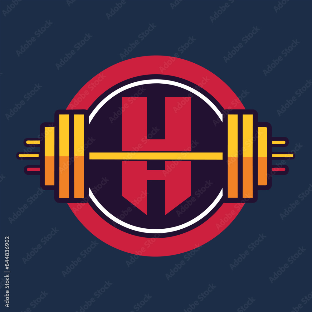 Obraz premium A simple digital illustration of a barbell with a letter H in the center, surrounded by a red circle, A digital illustration showcasing the minimalist aesthetic of a gym logo