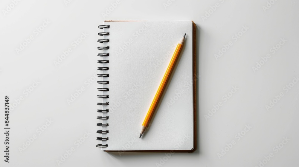 Spiral notebook and pencil from above on white background for mockup design Educational and business theme Flat lay with clipping path Spiral notebook and pencil from above on white background for mockup design Educational and business theme Flat lay with clipping path