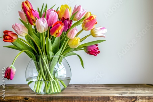 Colorful Tulip Bouquet in Glass Vase on Wooden Table