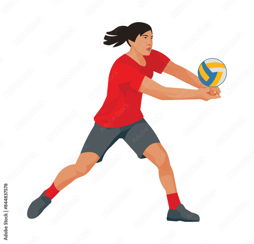 Girl figure of a Japanese women's volleyball player in a red sports uniform who hits or bumps the ball with hands Girl figure of a Japanese women's volleyball player in a red sports uniform who hits or bumps the ball with hands