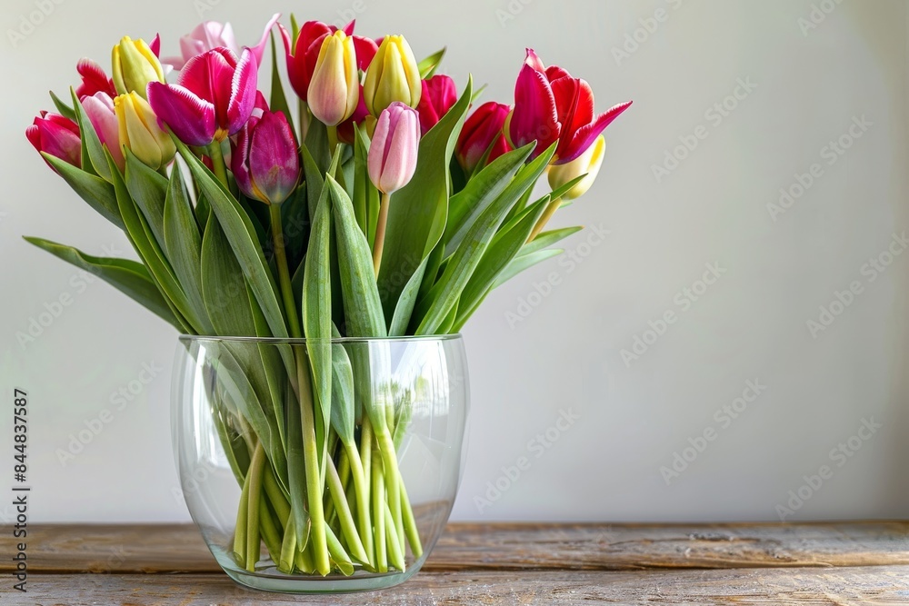 Fototapeta premium Colorful Tulip Bouquet in Glass Vase on Wooden Table