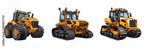 Vector illustration of three heavy-duty construction vehicles, including a tractor, bulldozer, and excavator. Cartoon style showcases their rugged design.