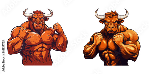 Vector illustration of two muscular bull characters in a strong and powerful pose. Perfect for strength and fitness-related designs.