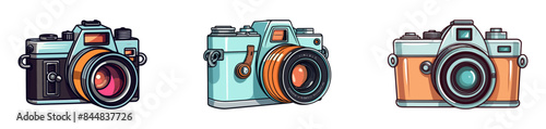 Vector illustration of three vintage cameras with detailed designs and retro aesthetics. Ideal for photography and vintage-themed projects.