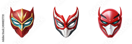 Vector illustration of three detailed superhero masks in vibrant colors. Ideal for comic, superhero, and costume-themed projects.