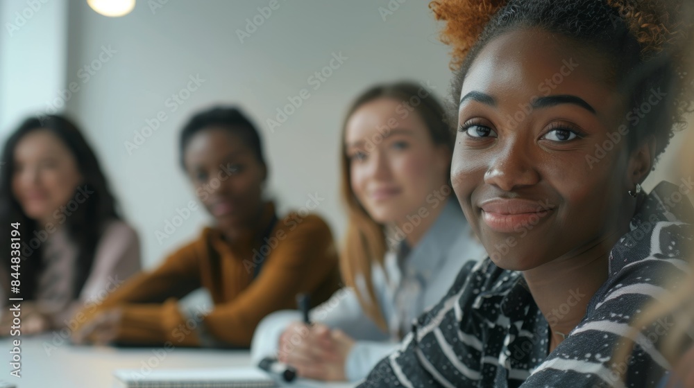 Fototapeta premium Leader, headshot, and lady at sales, marketing, and company strategy meeting with coworkers. Planning, vision, CEO, manager, or employee with paperwork in boardroom.