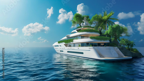 Luxury Modern Yacht Villa Floats on Water Surface, Man-Made Tropical Island. Sustainable Innovative Architecture, Futuristic Premium Living, Ocean Rise Urban Planning, Climate Change, Global Warming photo