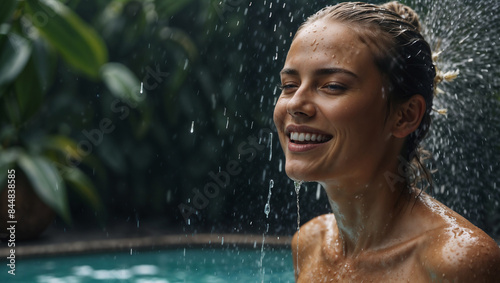 Giovane donna in una vasca sotto la cascata d'acqua  all'aperto con lo sfondo di piante tropicali photo