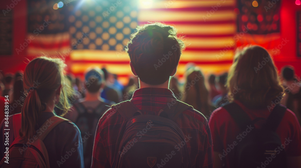 Students Pledging Allegiance. A group of students standing with their backs to the camera, facing a large American flag, in a solemn moment of pledging allegiance. Students Pledging Allegiance. A group of students standing with their backs to the camera, facing a large American flag, in a solemn moment of pledging allegiance.