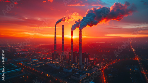 Smokestacks of Power Plant at Sunset. Smokestacks of a coal-fired power plant releasing smoke into the air against a vibrant sunset, highlighting industrial pollution and environmental impact. photo