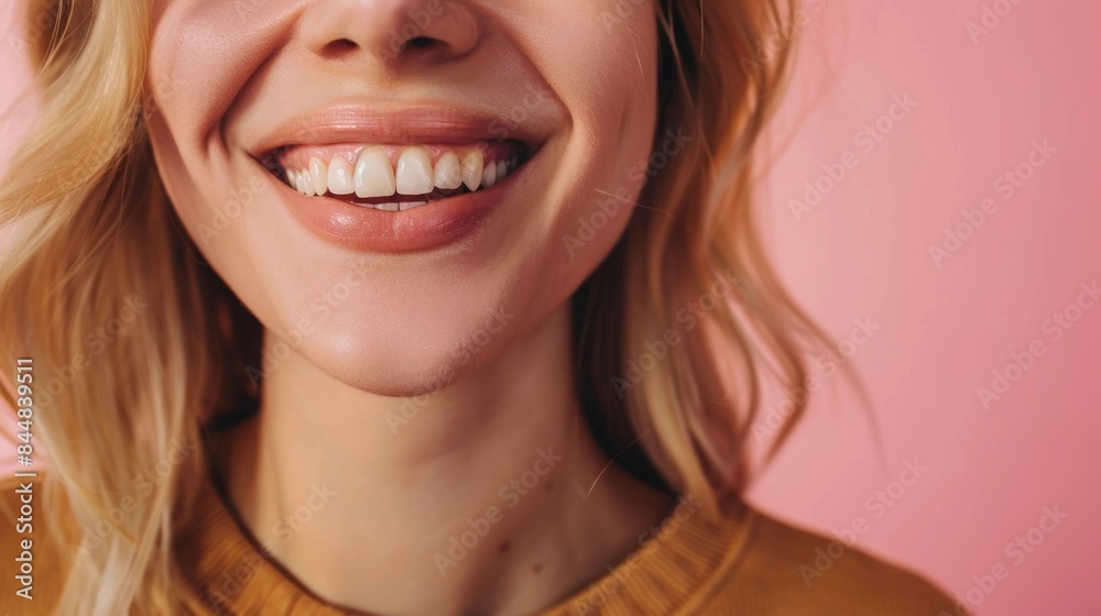 Mouth and woman in studio, pink backdrop and teeth whitening. Happy female model with lips and smile for dental wellness, tooth implant, beauty, health, and face skincare. Mouth and woman in studio, pink backdrop and teeth whitening. Happy female model with lips and smile for dental wellness, tooth implant, beauty, health, and face skincare.