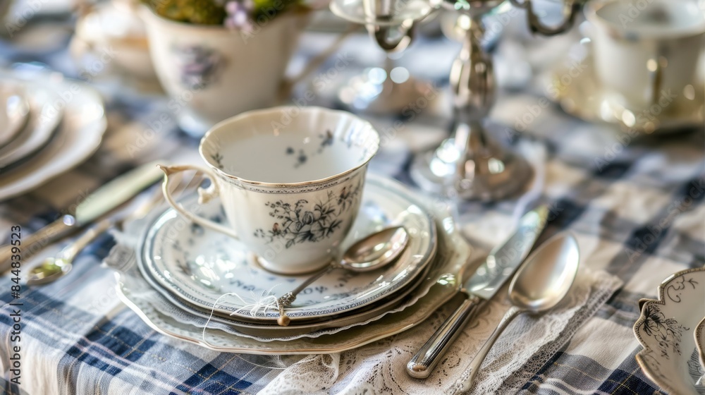antique teacups, lace napkins and silver cutlery, on the mantelpiece and pictures. generative ai antique teacups, lace napkins and silver cutlery, on the mantelpiece and pictures. generative ai