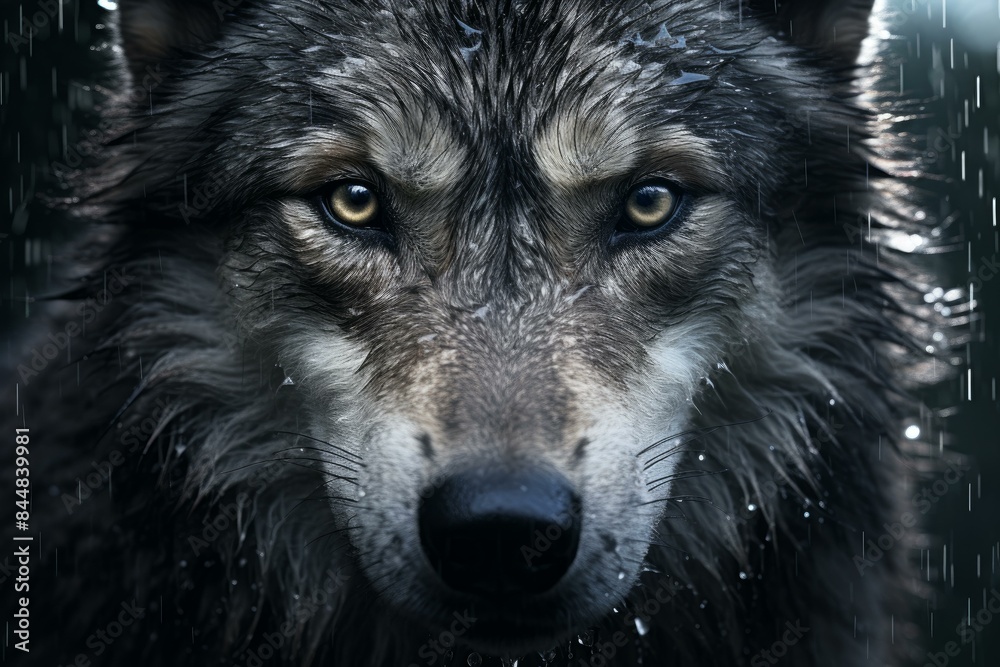Close-up of a majestic grey wolf with piercing eyes amidst a downpour Close-up of a majestic grey wolf with piercing eyes amidst a downpour