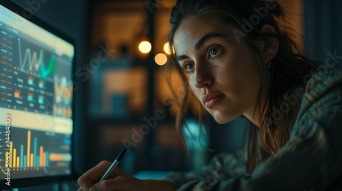 A businesswoman, night and computer screen, data analytics, notes, and office productivity. Analyst, graph, chart, market research, and deadline statistics Free Download A businesswoman, night and computer screen, data analytics, notes, and office productivity. Analyst, graph, chart, market research, and deadline statistics - GFXLoad