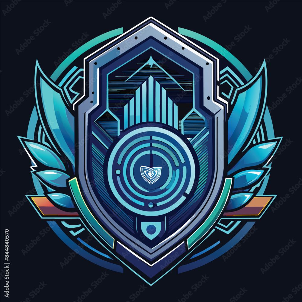 Obraz premium A stylized, futuristic logo in blue tones featuring a shield with wings and a central, intricate design incorporating a heart, A futuristic logo incorporating elements of biometric technology