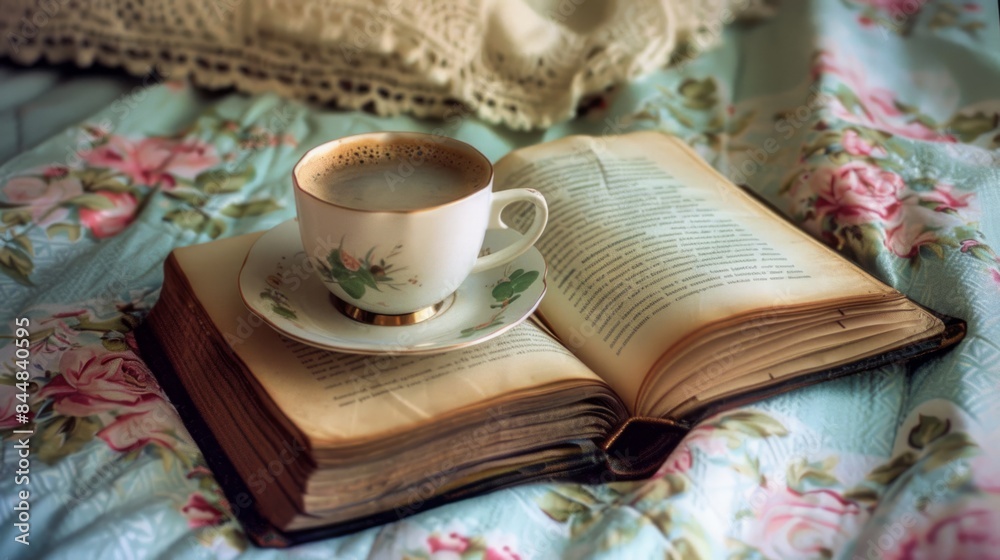 hot cup of coffee and an open book on the shelf, generative ai hot cup of coffee and an open book on the shelf, generative ai