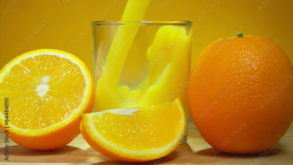 Freshly squeezed orange juice is poured in a glass next to the ripe oranges in slow motion. High quality 4k footage Freshly squeezed orange juice is poured in a glass next to the ripe oranges in slow motion. High quality 4k footage