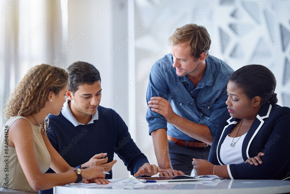 Fototapeta premium Business people, teamwork and cooperation with conversation, tablet and brainstorming in modern office. Staff, employees and coworkers with ideas, collaboration and documents for review or startup