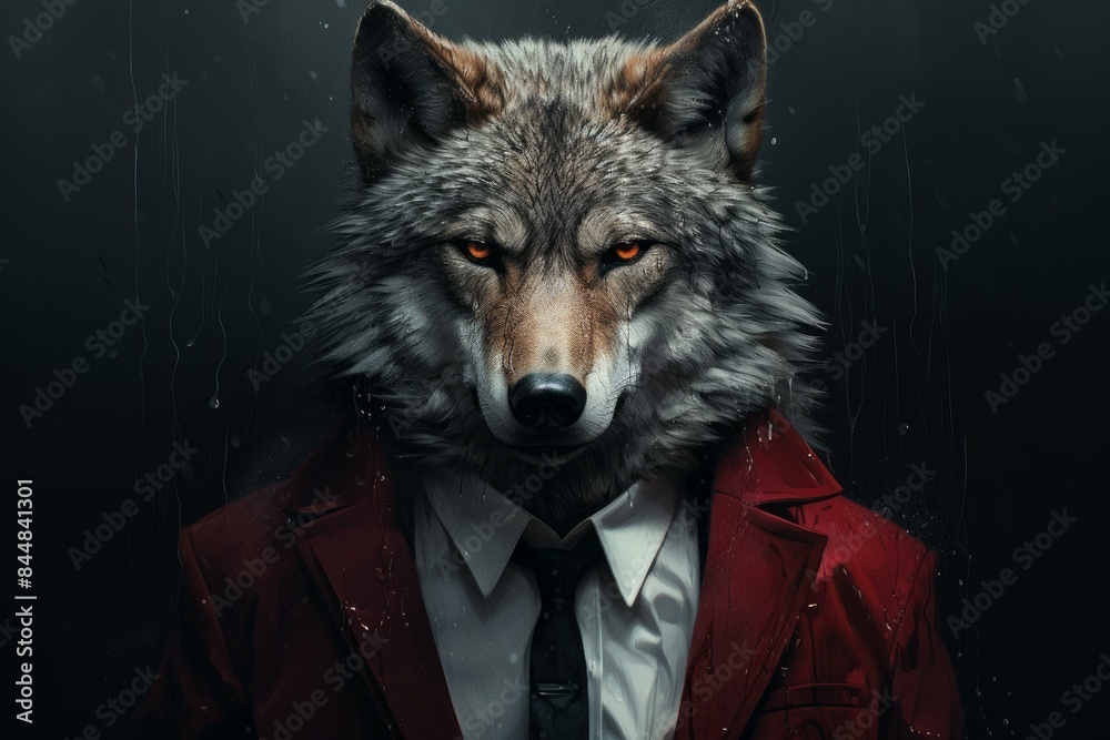 A digital artwork of a wolf with human clothing symbolizing leadership and wild instincts A digital artwork of a wolf with human clothing symbolizing leadership and wild instincts