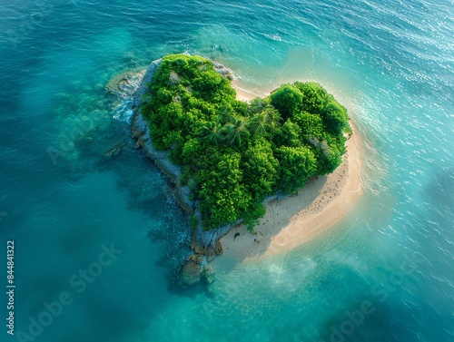 Serene Paradise: Heart-Shaped Tropical Island Aerial View with Crystal Clear Azure Sea, Lush Greenery, and Sandy Beach