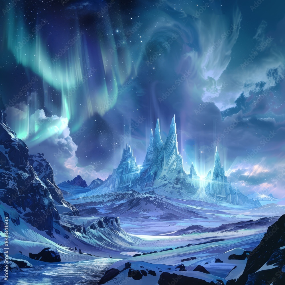 an artistic painting of a snowy mountain landscape with aurora lights an artistic painting of a snowy mountain landscape with aurora lights