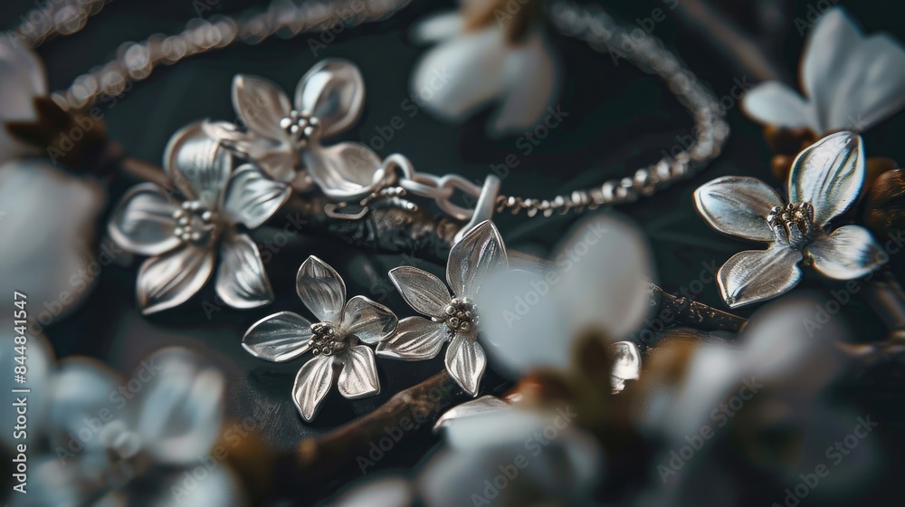Fototapeta premium Floral themed silver necklace and earrings