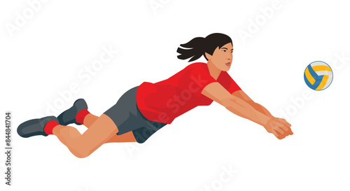 Asian women's volleyball girl player in red t-shirt falling and going for a dig to hit the ball