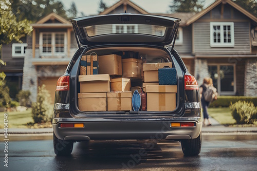 Car trunk filled with boxes, symbolizing moving day and back to college