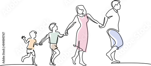 Family walk together holding hands. Continuous one line drawing.