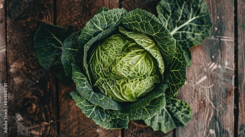 Cabbage displayed on a wooden surface photo