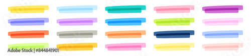 Colorful marker highlights and pen underlines with brush strokes. Text lines and doodle marks. Hand drawn highlight elements. Flat vector illustration isolated on white background.