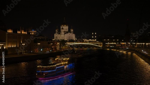 Cathedral of Christ the Saviour View with Ships Sail Along the Moscow River in Summer Durning Night