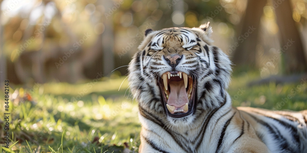 Fototapeta premium A Majestic Tigers Yawning Portrait in a Lush Green Meadow