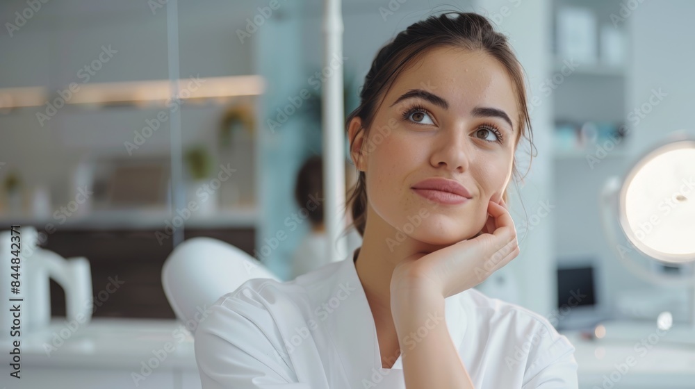 Confident Young Woman Admiring Cheek Contouring in Modern Clinic Room for Cosmetic Procedure Promotion Confident Young Woman Admiring Cheek Contouring in Modern Clinic Room for Cosmetic Procedure Promotion