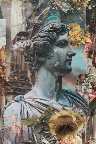 a collage of a statue surrounded by flowers and other objects