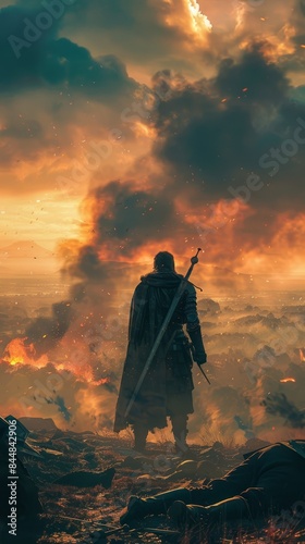the game of thrones character is standing on a hill with a sword photo