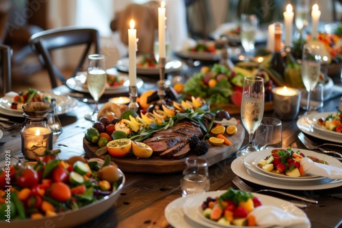 Elegant Paleo Feast Dinner Table with Roasted Vegetables  Grilled Meats  Fresh Fruits  and Candles