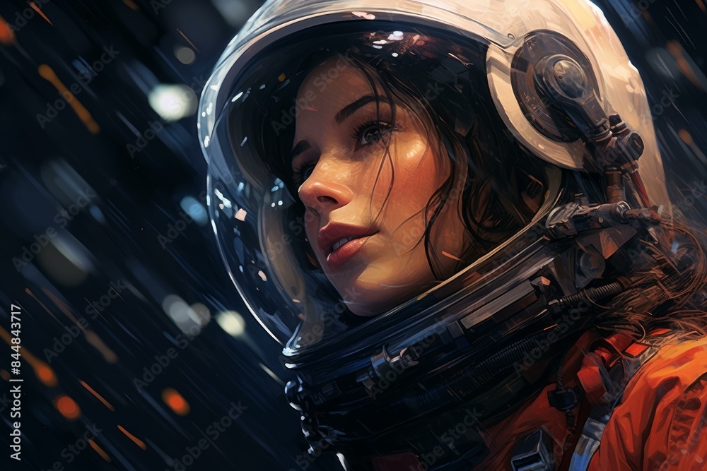 Close-up of a confident female astronaut wearing a space helmet, looking into the distance Close-up of a confident female astronaut wearing a space helmet, looking into the distance