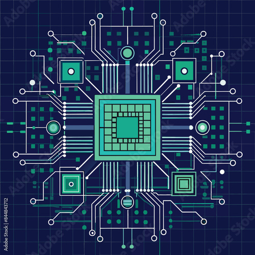 A stylized circuit board design with a grid-like pattern and green and blue colors, A grid-like pattern reminiscent of a circuit diagram or computer chip