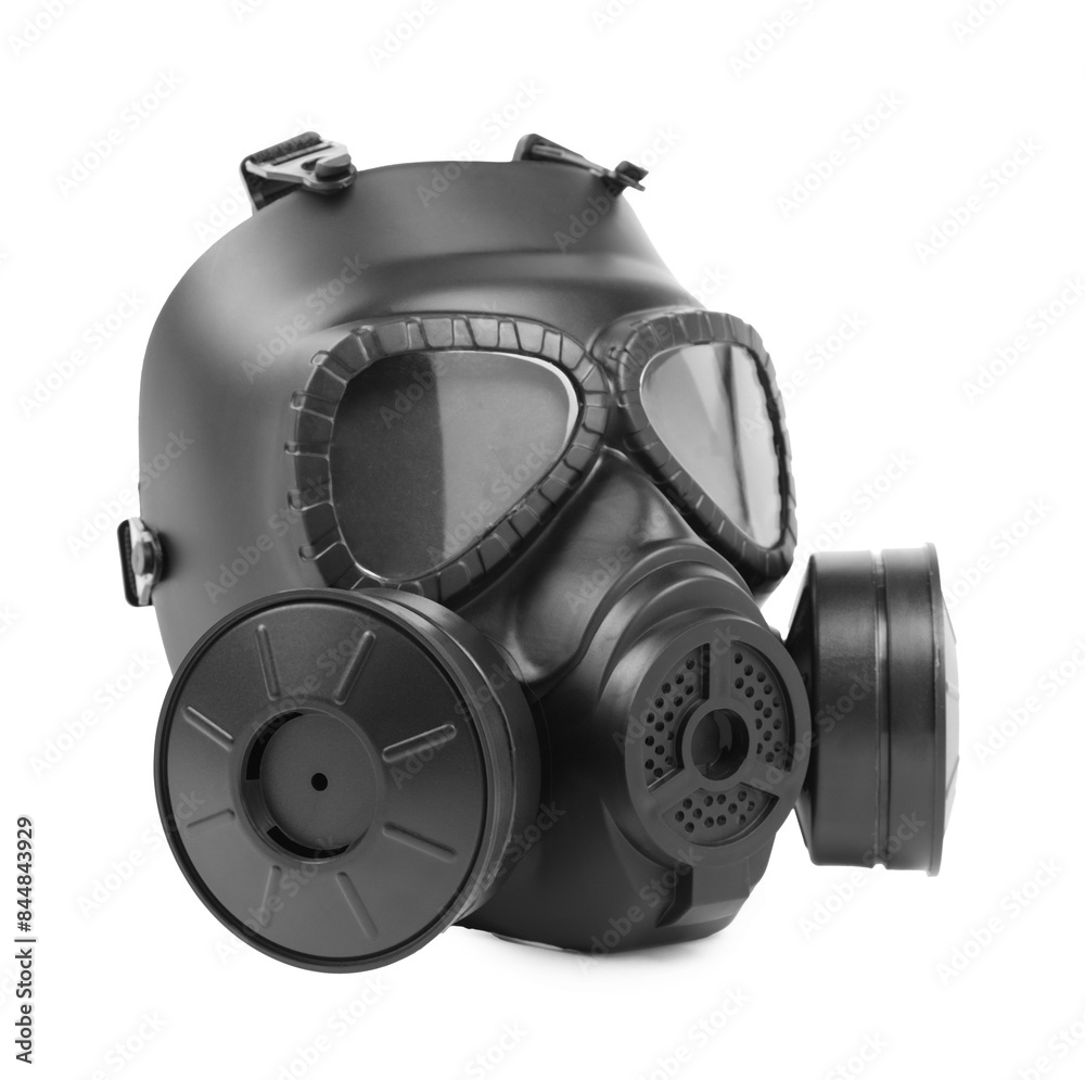 One gas mask isolated on white. Safety equipment One gas mask isolated on white. Safety equipment