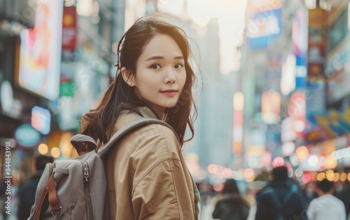 Wallpaper Mural A woman wearing a backpack and a tan jacket stands in a busy city street. She is smiling and looking at the camera Torontodigital.ca